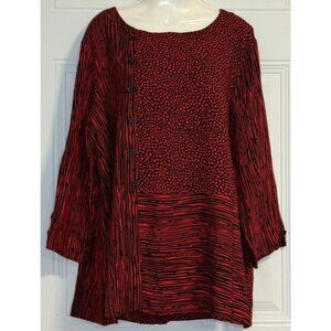 Ali Miles 'Spices' Tunic Blouse SZ XL Artsy Lagenlook‎ Relaxed Vibrant Red Black